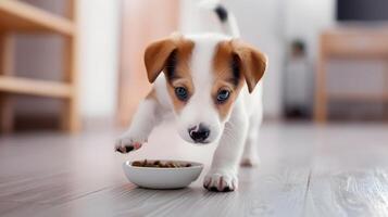 ai generado un pequeño linda Jack Russell perrito cerca un cuenco de alimento. ai generado foto