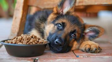 AI generated A small cute shepherd puppy near a bowl of food. AI Generated photo