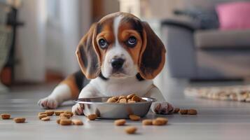 AI generated A small cute beagle puppy near a bowl of food. AI Generated photo