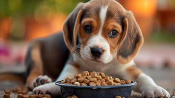 AI generated A small cute beagle puppy near a bowl of food. AI Generated photo