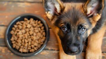 ai generado un pequeño linda pastor perrito cerca un cuenco de alimento. ai generado foto