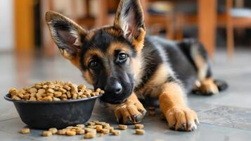 ai generado un pequeño linda pastor perrito cerca un cuenco de alimento. ai generado foto