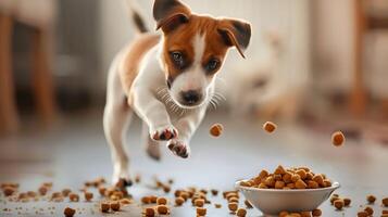 ai generado un pequeño linda Jack Russell perrito cerca un cuenco de alimento. ai generado foto