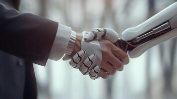 AI generated Handshake between an android robot and a human as an interaction gesture. AI Generated photo