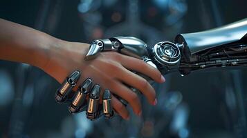AI generated Handshake between an android robot and a human as an interaction gesture. AI Generated photo