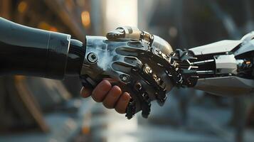 AI generated Handshake between an android robot and a human as an interaction gesture. AI Generated photo
