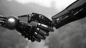 AI generated Handshake between an android robot and a human as an interaction gesture. AI Generated photo