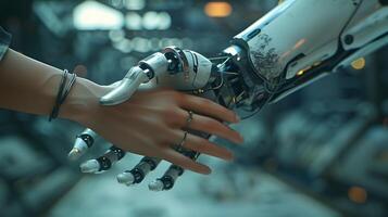 AI generated Handshake between an android robot and a human as an interaction gesture. AI Generated photo