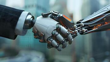 AI generated Handshake between an android robot and a human as an interaction gesture. AI Generated photo