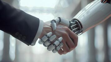 AI generated Handshake between an android robot and a human as an interaction gesture. AI Generated photo
