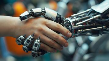 AI generated Handshake between an android robot and a human as an interaction gesture. AI Generated photo