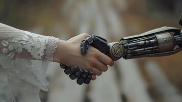 AI generated Handshake between an android robot and a human as an interaction gesture. AI Generated photo