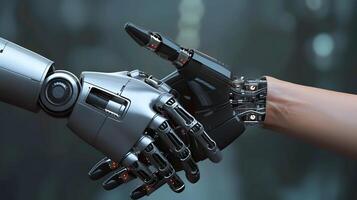 ai generado apretón de manos Entre un androide robot y un humano como un Interacción gesto. ai generado foto