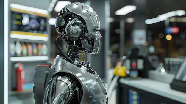 AI generated The robot, the android, is ready to perform work functions. AI Generated photo