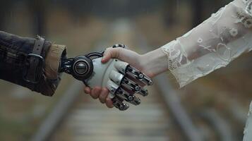 AI generated Handshake between an android robot and a human as an interaction gesture. AI Generated photo