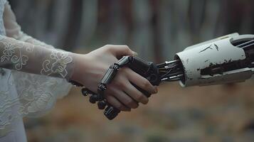 AI generated Handshake between an android robot and a human as an interaction gesture. AI Generated photo