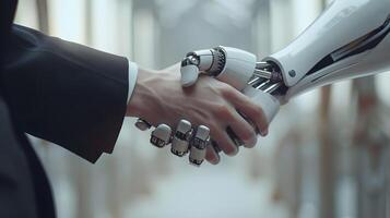 AI generated Handshake between an android robot and a human as an interaction gesture. AI Generated photo
