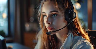 AI generated Portrait of a young woman call center operator. AI Generated photo