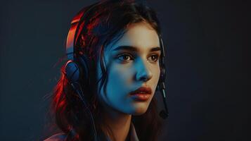 AI generated Portrait of a young woman call center operator. AI Generated photo