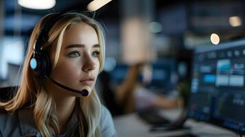 ai generado retrato de un joven mujer llamada centrar operador. ai generado foto