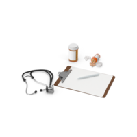 médico prescrição remédio e estetoscópio, médico prescrição com uma caneta isolado. esferográfica caneta deitado em médico prescrição perto estetoscópio dentro médico escritório. 3d render png