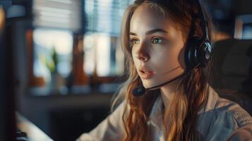 AI generated Portrait of a young woman call center operator. AI Generated photo