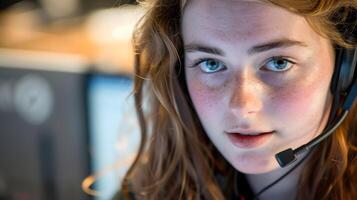 AI generated Portrait of a young woman call center operator. AI Generated photo