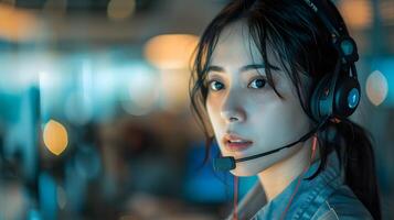 AI generated Portrait of a young woman call center operator. AI Generated photo