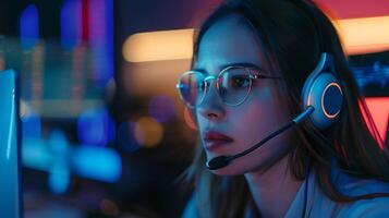 AI generated Portrait of a young woman call center operator. AI Generated photo