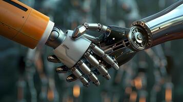AI generated Handshake between an android robot and a human as an interaction gesture. AI Generated photo