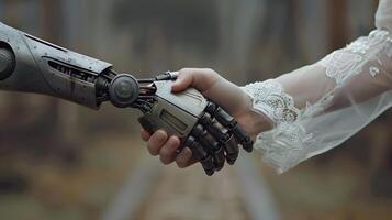 AI generated Handshake between an android robot and a human as an interaction gesture. AI Generated photo