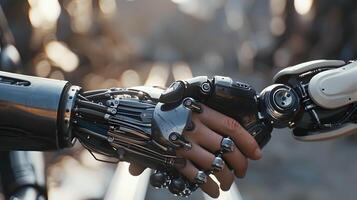 AI generated Handshake between an android robot and a human as an interaction gesture. AI Generated photo