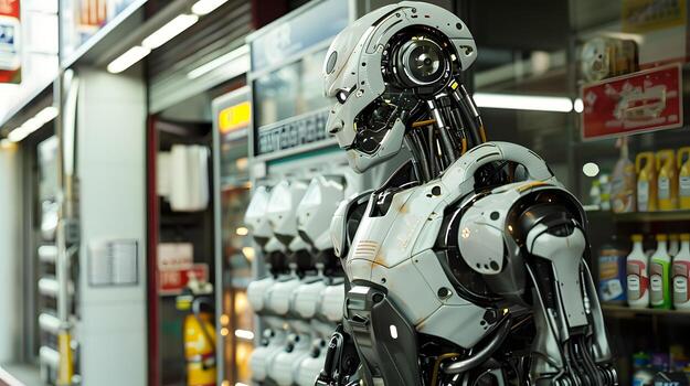 AI generated The robot, the android, is ready to perform work functions. AI Generated photo