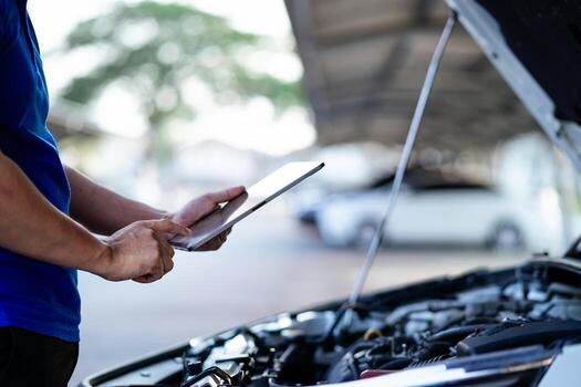 A man is looking at a car engine with a tablet in his hand. He is checking the engine and possibly looking up information on the tablet photo