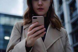 ai generado ai generado mujer de negocios es utilizando un teléfono inteligente y atención en él. foto