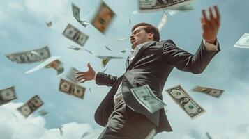 AI generated AI Generated businessman catching flying dollar banknotes. photo