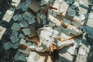 AI generated AI Generated exhausted businessman lying down on the ground with huge of flying documents and paper. photo