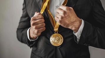 AI generated businessman holding a gold medal in black suit. photo