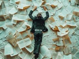 AI generated AI Generated exhausted businessman lying down on the ground with huge of flying documents and paper. photo