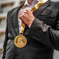 AI generated businessman holding a gold medal in black suit. photo