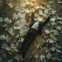 AI generated AI Generated exhausted businessman lying down on the ground with huge of flying documents and paper. photo