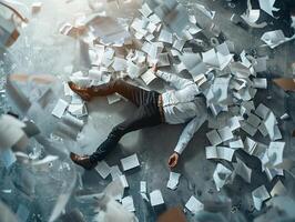 ai generado ai generado agotado empresario acostado abajo en el suelo con enorme de volador documentos y papel. foto