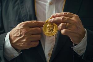 AI generated businessman holding a gold medal in black suit. photo