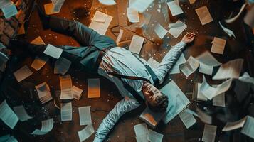 AI generated AI Generated exhausted businessman lying down on the ground with huge of flying documents and paper. photo