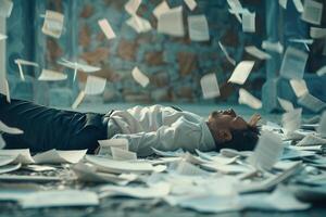 AI generated AI Generated exhausted businessman lying down on the ground with huge of flying documents and paper. photo