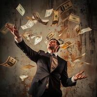 AI generated AI Generated businessman catching flying dollar banknotes. photo