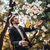 AI generated AI Generated businessman catching flying dollar banknotes. photo