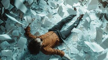 AI generated AI Generated exhausted businessman lying down on the ground with huge of flying documents and paper. photo