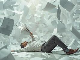 AI generated AI Generated exhausted businessman lying down on the ground with huge of flying documents and paper. photo