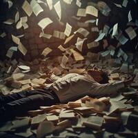 AI generated AI Generated exhausted businessman lying down on the ground with huge of flying documents and paper. photo